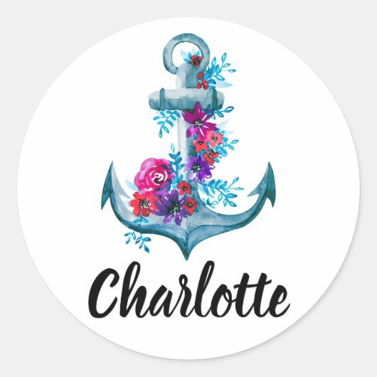 Aangepaste Waterverf Floral Anchor Illustratie Ronde Sticker (Voorkant)