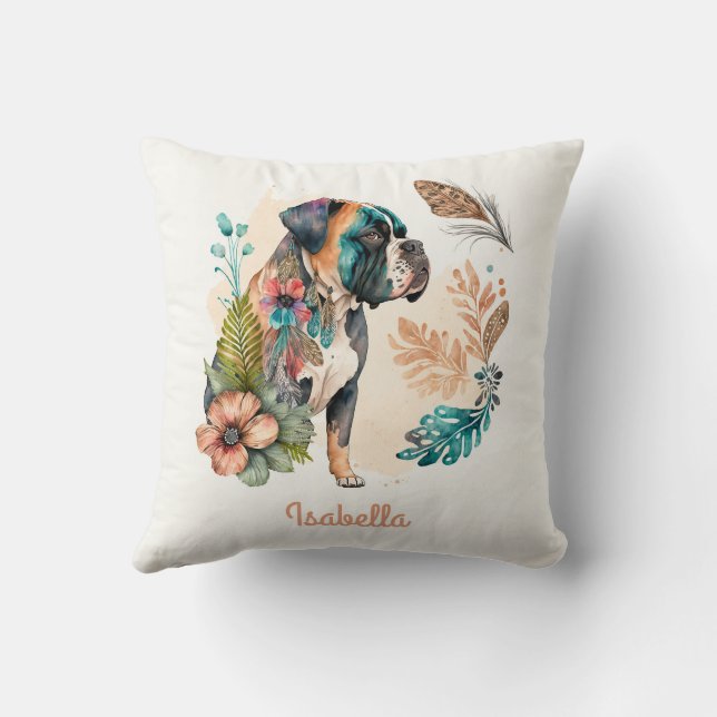Aangepaste Waterverf Floral Boho Bulldog Kussen (Achterkant)