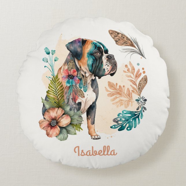 Aangepaste Waterverf Floral Boho Bulldog Rond Kussen (Voorkant)