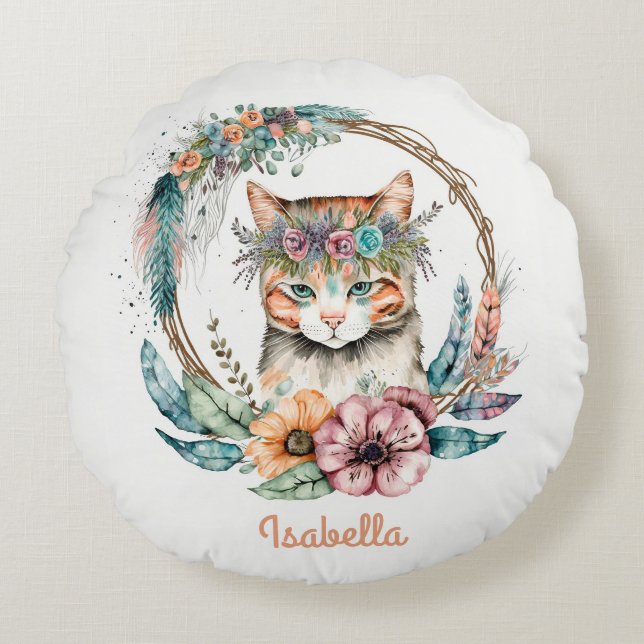 Aangepaste Waterverf Floral Boho Cat Rond Kussen (Voorkant)