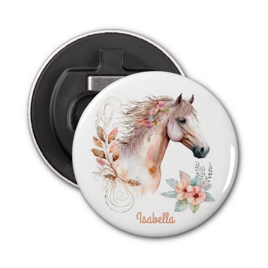 Aangepaste Waterverf Floral Boho Horse Button Flesopener (Voorkant)