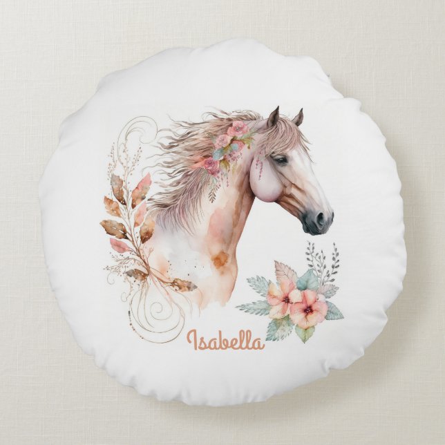 Aangepaste  Waterverf Floral Boho Horse Rond Kussen (Achterkant)
