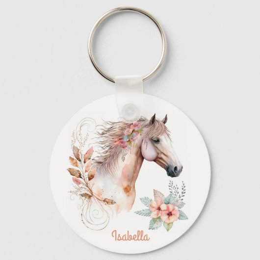 Aangepaste Waterverf Floral Boho Horse Sleutelhanger (Voorkant)