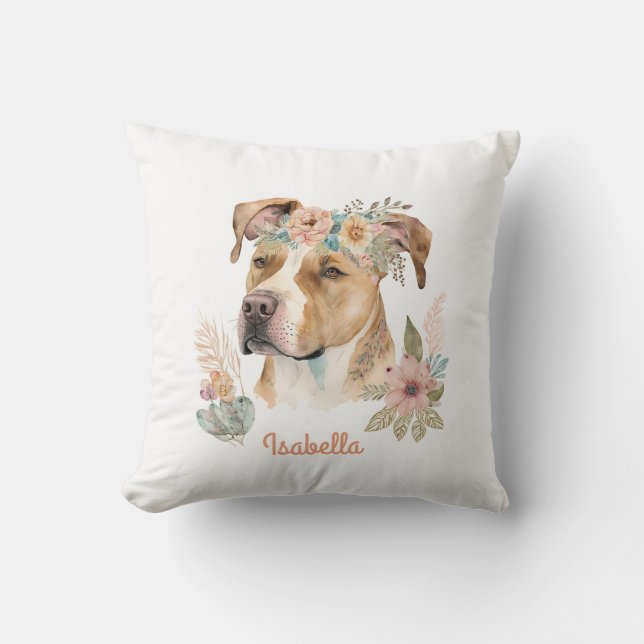 Aangepaste Waterverf Floral Boho Pitbull Dog Kussen (Voorkant)
