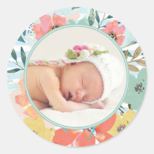 Aangepaste Waterverf Floral Foto Lijst Ronde Sticker