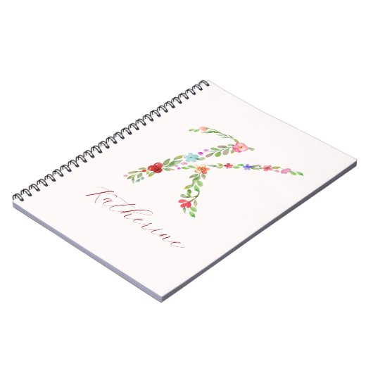 Aangepaste Waterverf Floral Monogram Letter K Notitieboek (Linkerzijde)