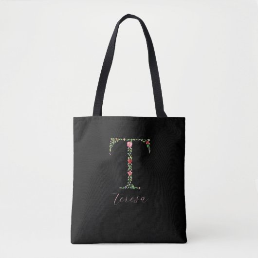Aangepaste Waterverf Floral Monogram Letter T Tote Bag (Voorkant)