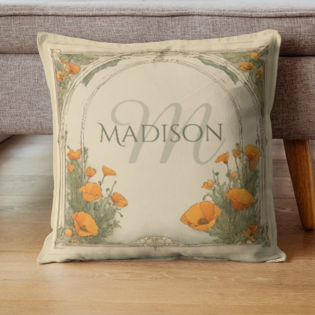 Aangepaste Waterverf Floral Monogram  Poppies Kussen (Custom Monogram Vintage Floral square pillow in Art Nouveau style with Orange Poppies and Greenery.)