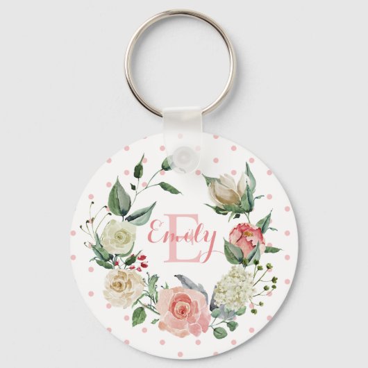 Aangepaste Waterverf Floral Monogram roze Rose Sleutelhanger (Voorkant)