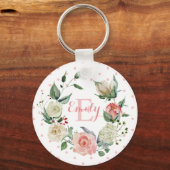 Aangepaste Waterverf Floral Monogram roze Rose Sleutelhanger (Voorkant)