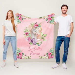 Aangepaste Waterverf Floral Unicorn Fleece Deken