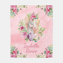 Aangepaste Waterverf Floral Unicorn Fleece Deken