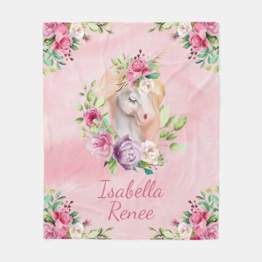 Aangepaste Waterverf Floral Unicorn Fleece Deken (Voorkant)