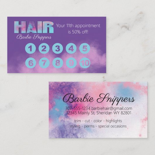 Aangepaste waterverf haarstylist 10-punch kaart visitekaartje (Voorkant / Achterkant)