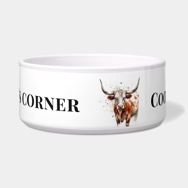 Aangepaste waterverf Longhorn Westerse Ranch Kunst Voerbakje (Voorkant)