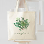Aangepaste Waterverf met boslonkige lederen   Tote Bag<br><div class="desc">Prachtige,  op maat gemaakte waterverf greenery foliage arrangement canvas tas met uw aangepaste handgeschreven kalligrafienaam.</div>