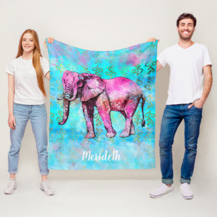 Aangepaste Waterverf met olifant Roze Blauwe Rendy Fleece Deken