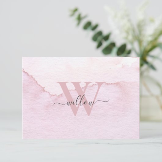 Aangepaste Waterverf monogram roze Bedankkaart (Staand voorkant)