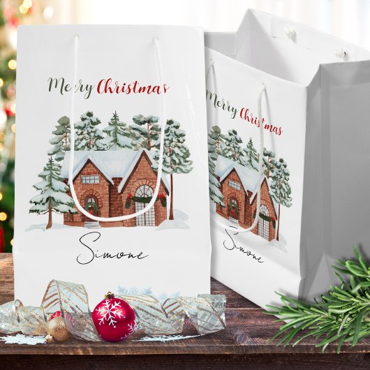 Aangepaste Waterverf Nordic Pine Forest Christmas Medium Cadeauzakje