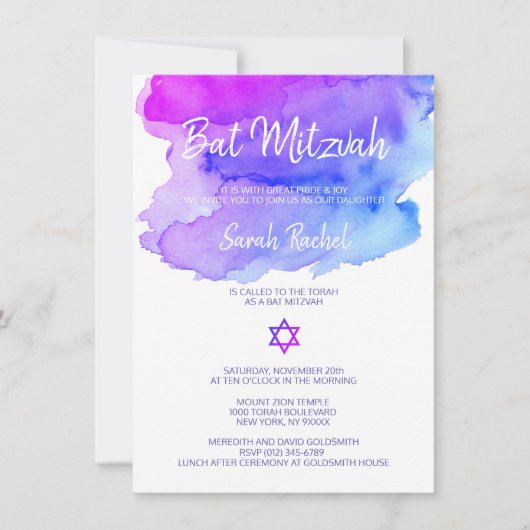 Aangepaste Waterverf Paars Blauw Bat Mitzvah Kaart (Voorkant)