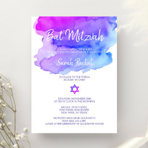 Aangepaste Waterverf Paars Blauw Bat Mitzvah Kaart