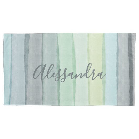 Aangepaste Waterverf Pastel Retro Stripes Blauw Gr Kussensloop (Voorkant-Links)