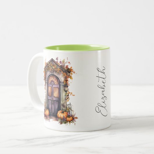 Aangepaste Waterverf  Pompoen Deur Fall Bladeren Tweekleurige Koffiemok (Voorkant links)