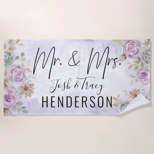 Aangepaste waterverf Roos Bloemige Bruid en Bruide Strandlaken (Voorkant)