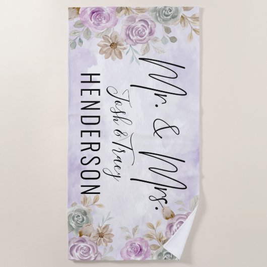 Aangepaste waterverf Roos Bloemige Bruid en Bruide Strandlaken (Voorkant)