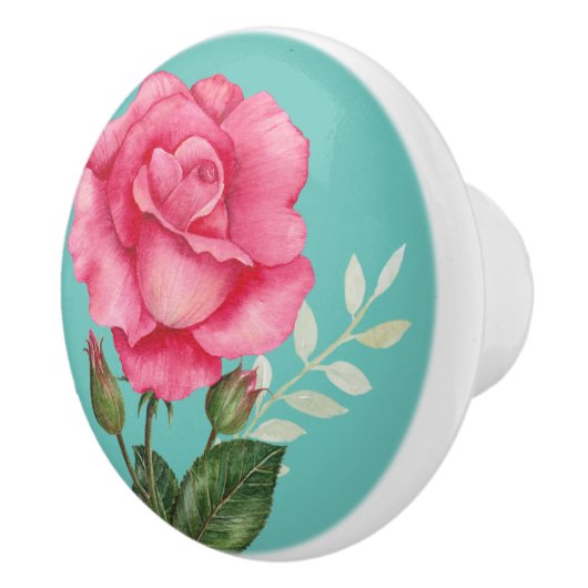 Aangepaste Waterverf Roze Rose Floral Turquoise Keramische Knop (Rechts)