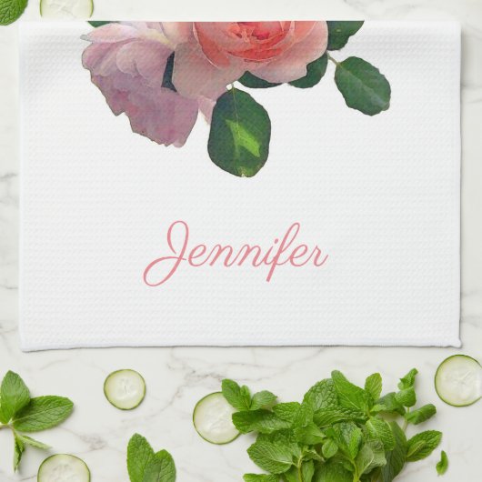 Aangepaste Waterverf roze roze rozen Moderne Theedoek (Gevouwen)