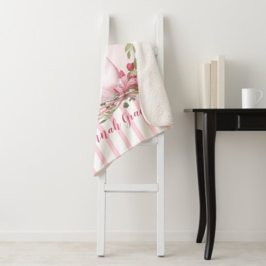 Aangepaste Waterverf Roze Zwan Naam Baby Sherpa Deken (In situ)