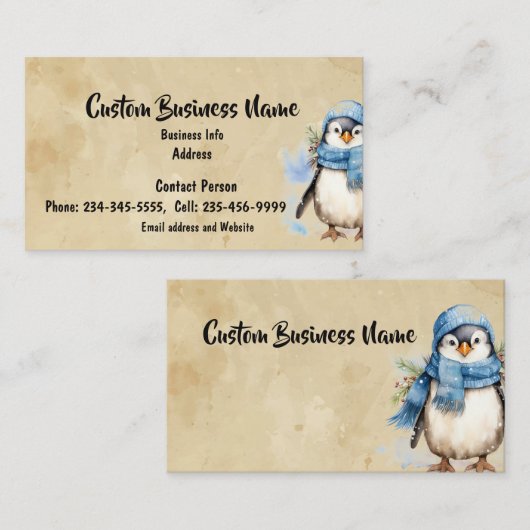Aangepaste Waterverf Schattigee Penguin Winter Fre Visitekaartje (Voorkant / Achterkant)