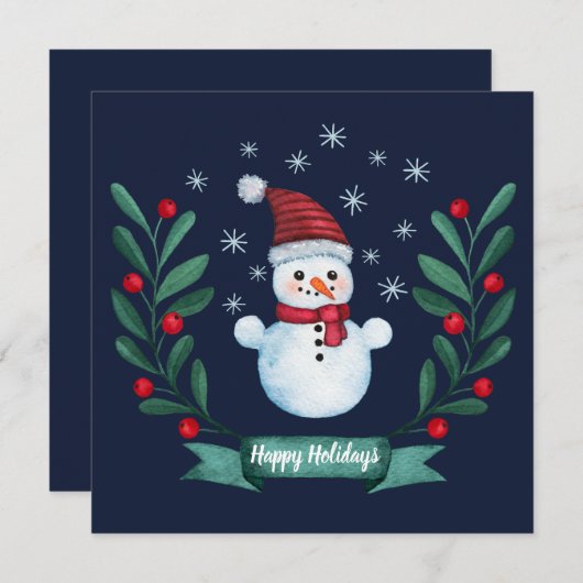 Aangepaste Waterverf Snowman kerstKaart Navy Blue (Voorkant / Achterkant)