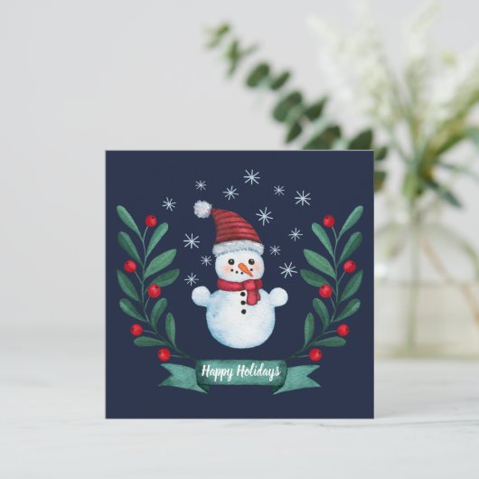 Aangepaste Waterverf Snowman kerstKaart Navy Blue (Staand voorkant)