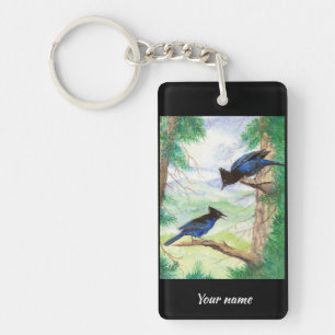 Aangepaste waterverf Stellar Jay Vogels Bosbomen Sleutelhanger