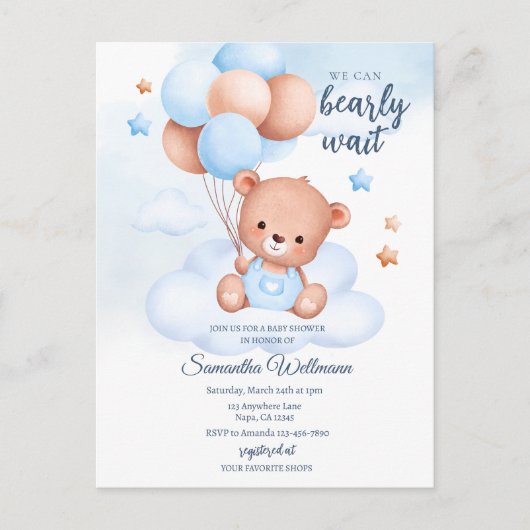 Aangepaste waterverf teddybeer jongens babyshower briefkaart (Voorkant)