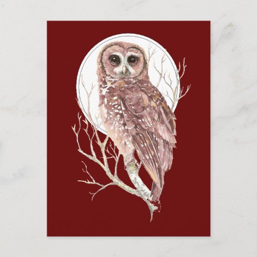 Aangepaste Waterverf Uil in Boom, Maan, Vogel, Nat Briefkaart (Voorkant)