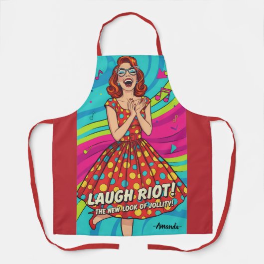 Aangepaste waterverf vintage dame lachend rood schort (Voorkant)