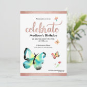 Aangepaste waterverf vlinder faux rosegold verjaar kaart (Staand voorkant)