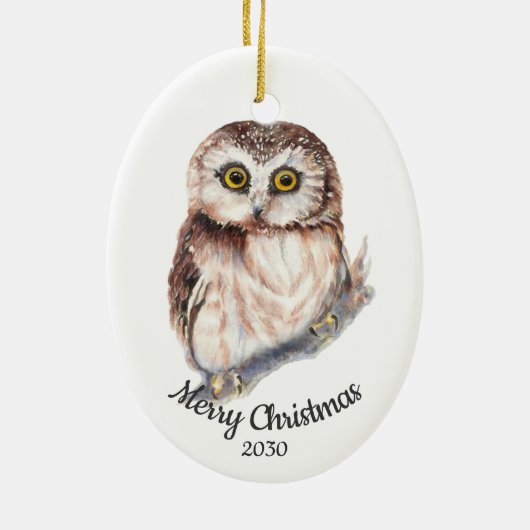 Aangepaste Waterverf voor kerstmis Cute Owl Bird Keramisch Ornament (Achterkant)