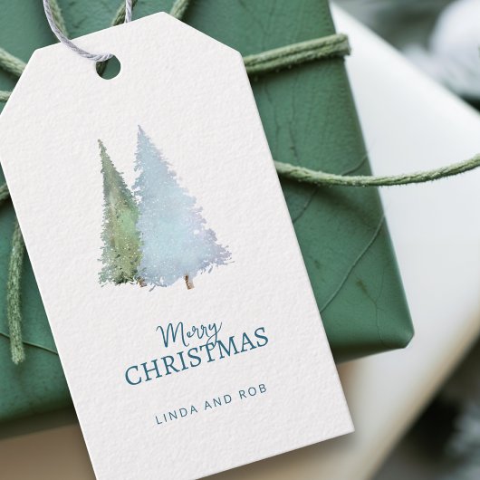Aangepaste waterverf Wit Groen Dennengewricht Pret Cadeaulabel