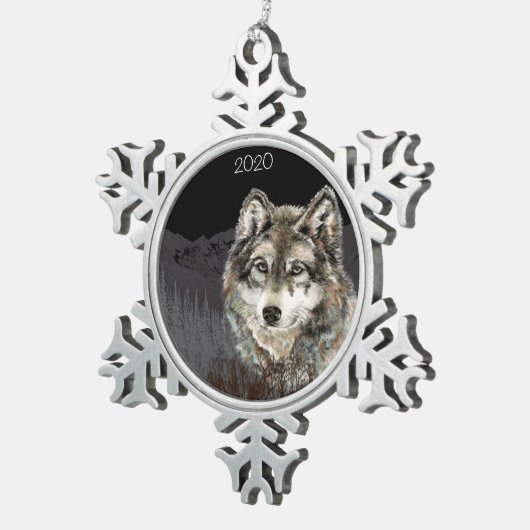 Aangepaste Waterverf Wolf & Mountain Art Tin Sneeuwvlok Ornament (Rechts)