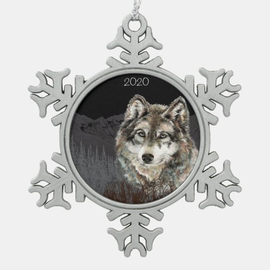Aangepaste Waterverf Wolf & Mountain Art Tin Sneeuwvlok Ornament (Voorkant)
