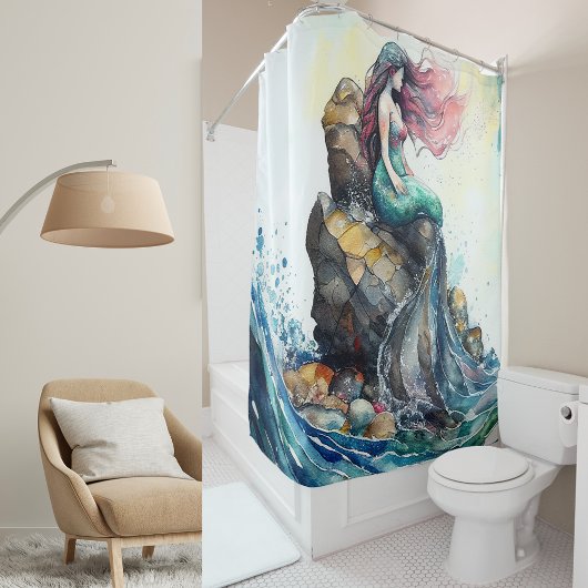 Aangepaste Waterverf Zeemeermin op een Rock in Oce Douchegordijn