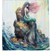 Aangepaste Waterverf Zeemeermin op een Rock in Oce Douchegordijn (Voorkant)