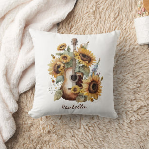 Aangepaste  Waterverf Zonnebloemen Gitaar Bloemen Kussen