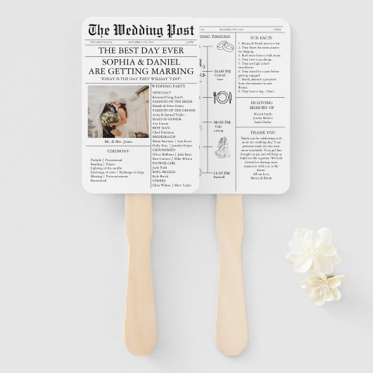 Aangepaste Wedding Programma Tijdlijn Fan met Kran Handwaaier (Voorkant en achterkant)
