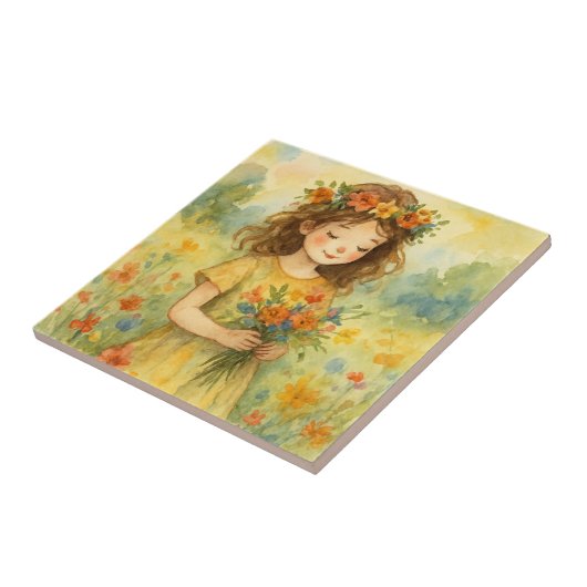 Aangepaste weide achtergrond Klein meisje Rustieke Tegeltje (Zijkant)