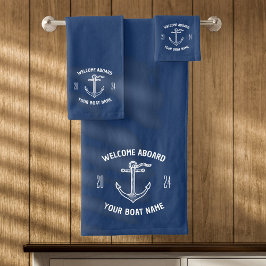 Aangepaste Welkom Aan Boord Bootnaam Navy Blue Bad Handdoek